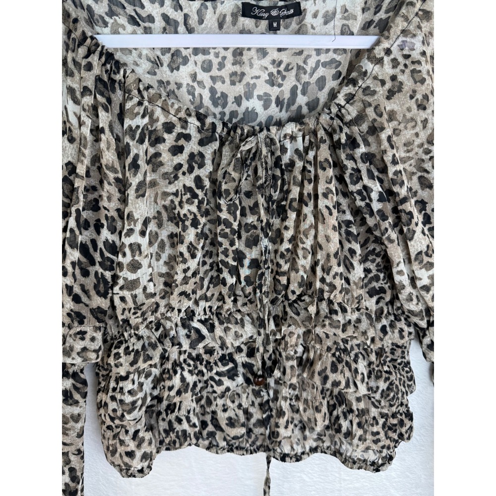 King & Girls Leopard Print Smocked Waist Ruffle Sleeve Sheer Blouse Medium - Picture 6 of 8